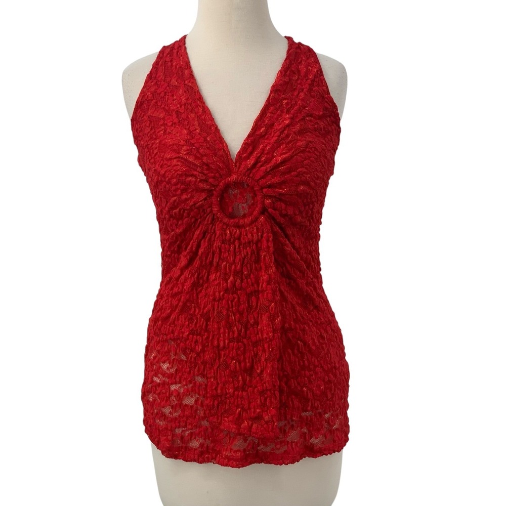 NWT BISOU BISOU Michele Bohbot Women's Red Lace Ring Front Halter Top Size Large